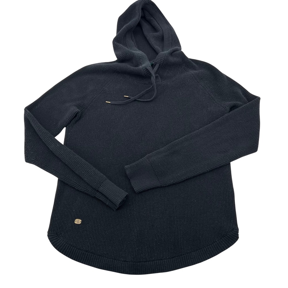 Lauren Ralph Lauren Black Waffle Knit Hooded Sweater Petite Small 100% Cotton